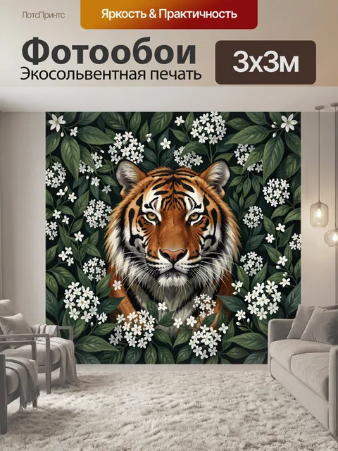 Фотообои Тигр среди белых цветков