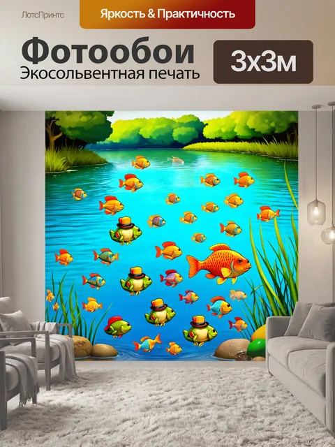 Фотообои озеро в стиле комикс: забавные фауны, живущие в водах, как лягушки с шляпами и разноцветные рыбы
