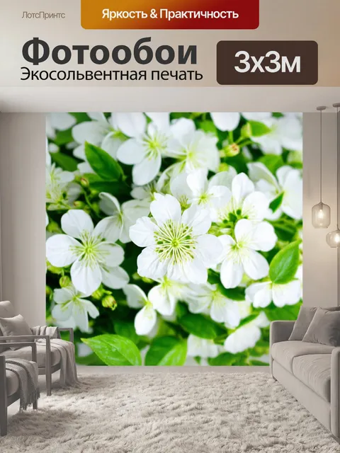 Фотообои цветы в стиле минимализм, где белые цветы окружены простыми зелеными листьями