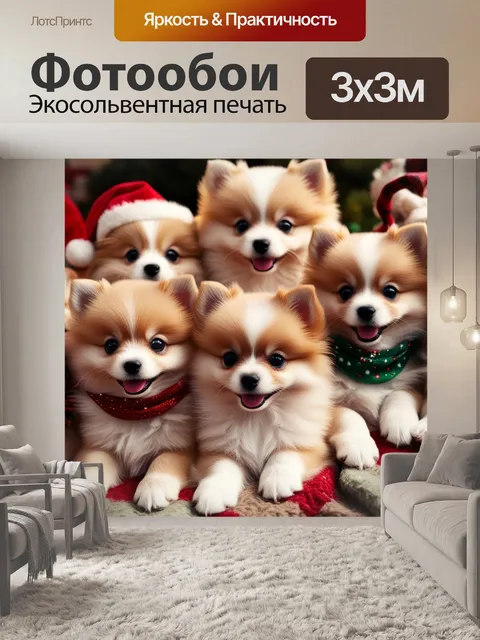 Фотообои щенки шпиц, пушистые питомцы, новогодние шапочки, рождественские шарфы, мягкий плед,