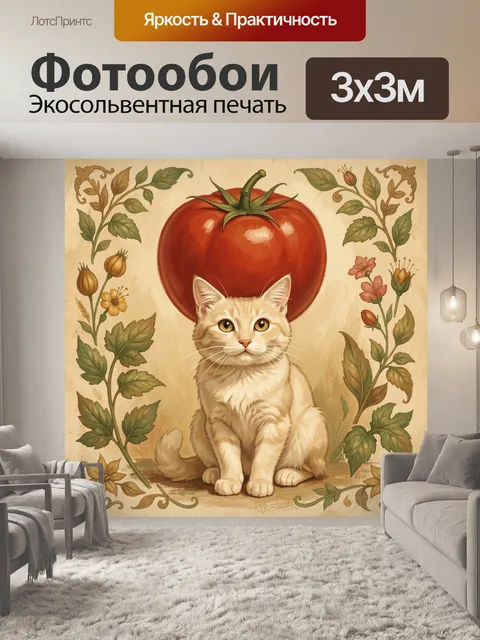 Фотообои Рыжий кот с помидором и цветами