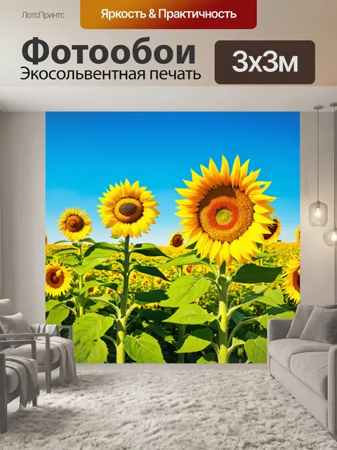 Фотообои пейзаж с полем подсолнечников и ярким голубым небом