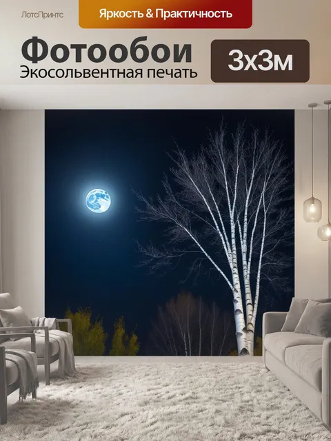 Фотообои ночная сцена с березкой под луной
