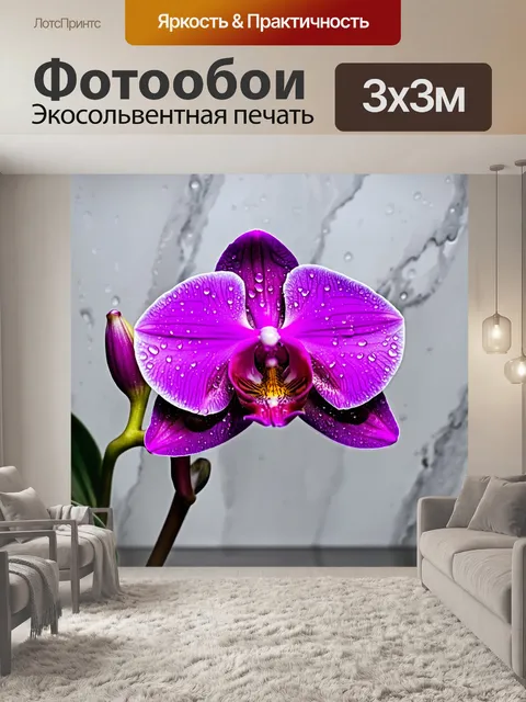 Фотообои орхидея, крупным планом, на фоне мраморной поверхности, капли воды стекают по ее лепесткам, создавая эффект…