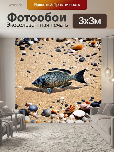 Фотообои скелет тропической рыбы, оставленный на берегу древнего пляжа, окружённый осколками гальки и ракушками