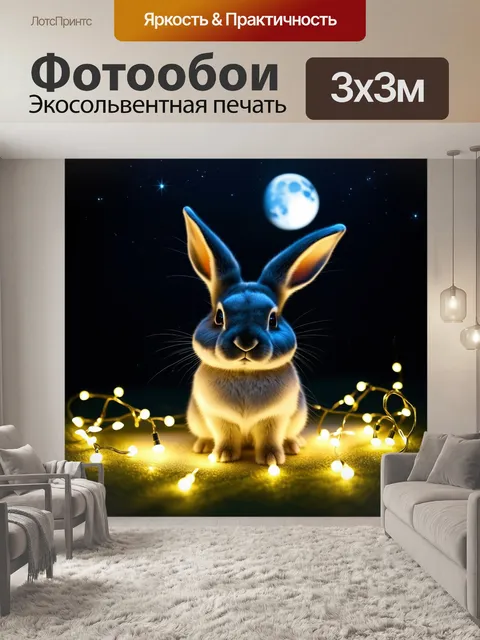 Фотообои темное, волшебное изображение сказочного кролика с феерией света вокруг