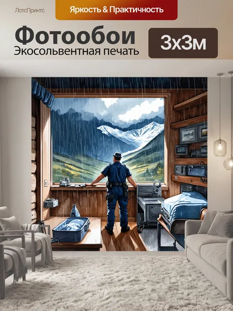 Фотообои фельдшер, работающий с медицинским оборудованием в уединённой горной хижине во время сильного дождя