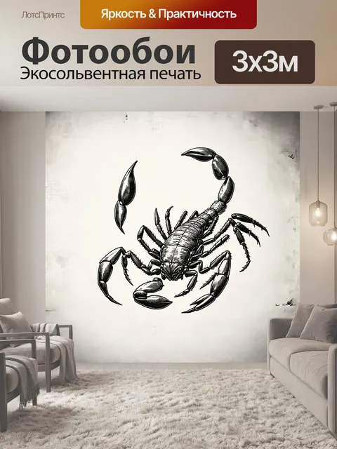 Фотообои древний скорпион, выполненный в технике гравюры, представлен на белом фоне
