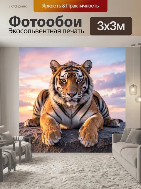 Фотообои Тигр на скале на закате