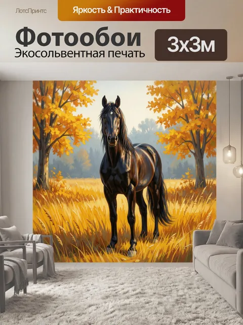 Фотообои Черный конь в осеннем поле