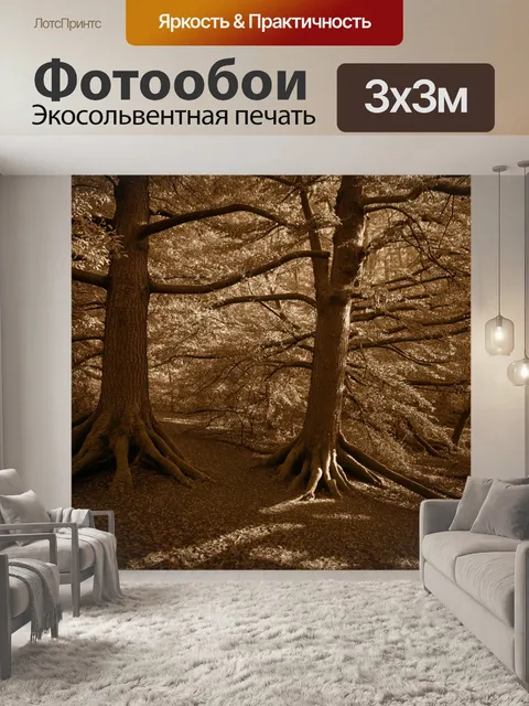 Фотообои лес в стиле сепия, старые, крупные деревья с шероховатой корой, опавшие листья на земле, источник света…