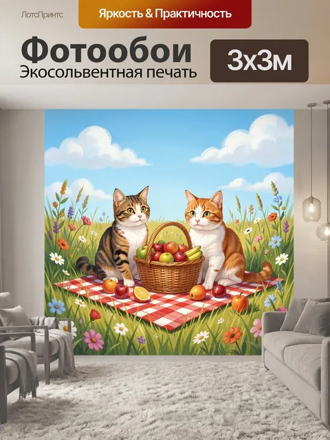 Фотообои Два кота с корзиной фруктов