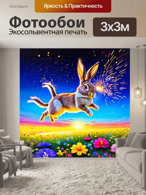 Фотообои кролик прыгает через красочный лужайку с экзотическими цветами, оставляя за собой след из волшебных искр