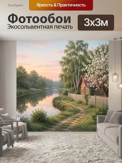 Фотообои Дом у реки среди цветущих деревьев