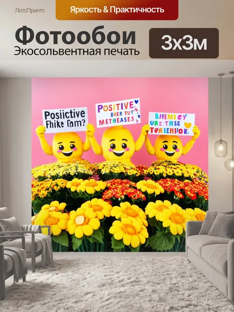 Фотообои цветы в стиле маскот с забавными милыми цветами, которые держат в руках плакаты с позитивными сообщениями