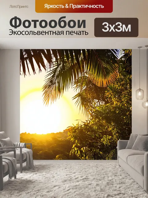 Фотообои тропическое утро с восходящим солнцем, освещающим листву и тихими звуками природы