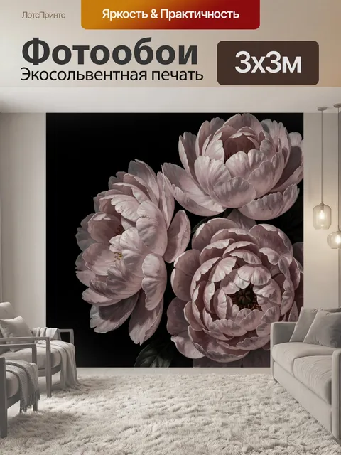 Фотообои Пудровые цветы на черном фоне
