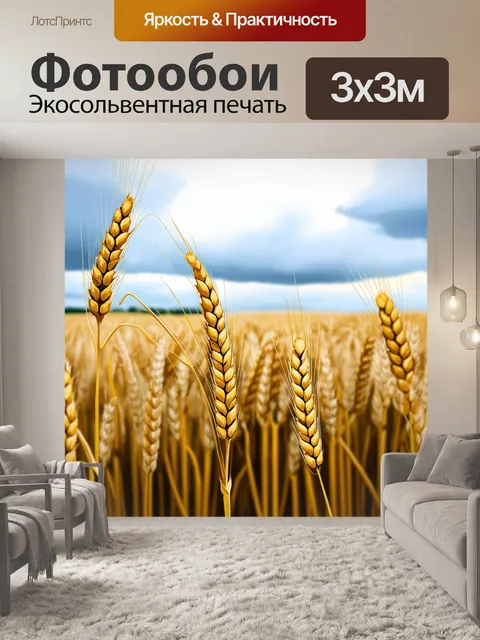 Фотообои поле, где золотые колосья пшеницы колышутся на ветру, под облачным небом