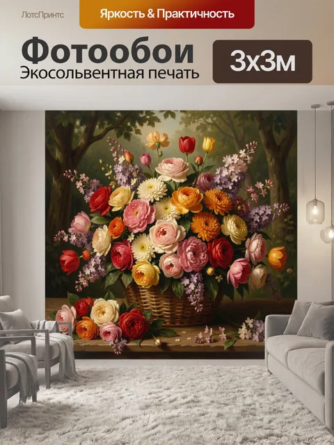 Фотообои Букет садовых цветов в корзине