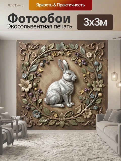 Фотообои Белый кролик в цветочном орнаменте