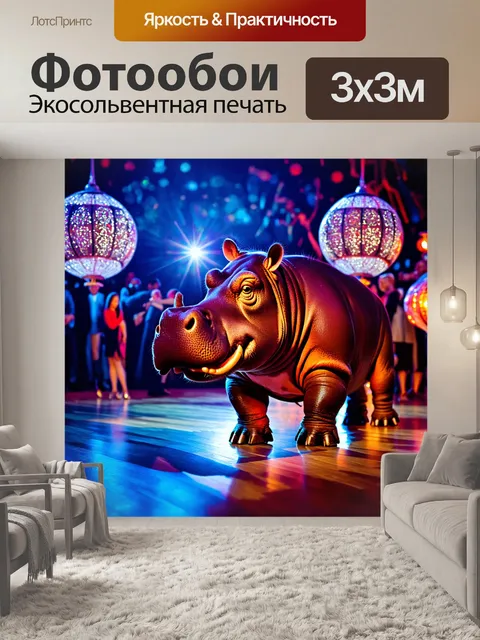 Фотообои на романтическом вечернем балу забавные бегемоты танцуют на паркете, сияя под цветным светом