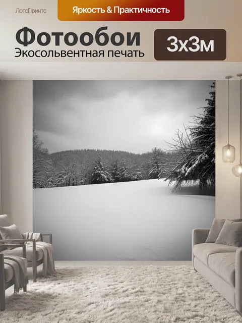 Фотообои зимний пейзаж после снегопада, когда все вокруг покрыто свежим слоем снега, а небо затянуто серыми облаками