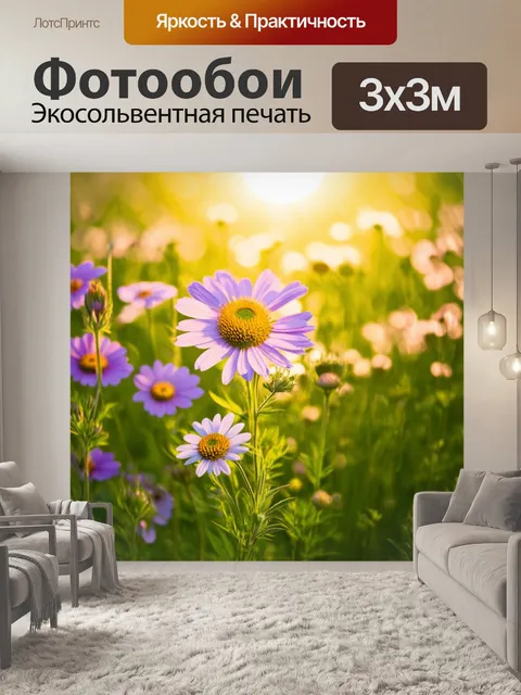 Фотообои полевые цветы под ярким солнцем, крупным планом, выполненные в технике макрофотографии с акцентом на текстуру