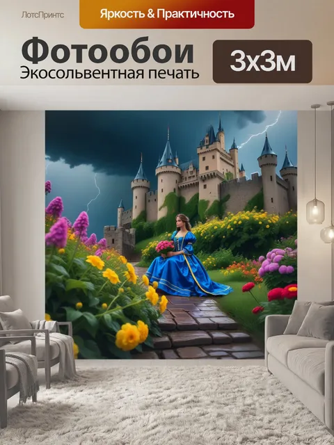 Фотообои принцесса укрывает цветы во время шторма у замка