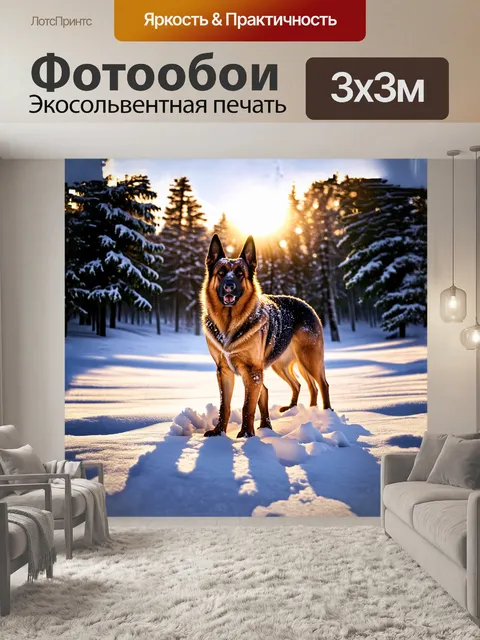 Фотообои на фоне снежного пейзажа немецкая овчарка уверенно стоит в глубоком снегу, её глаза блестят от восторга