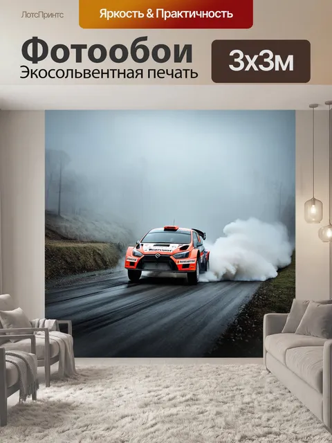 Фотообои увидеть раллийные машины, пробивающиеся сквозь завесу тумана, придающее загадочность местности
