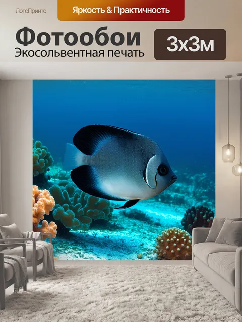 Фотообои в подводном мире, рыбки черного и белого цвета плавно перемещаются среди ярких кораллов, изображая инь-ян