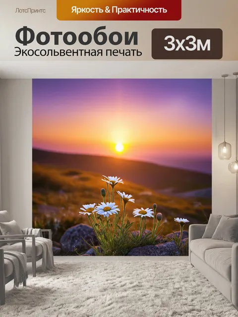 Фотообои ромашка, растущая на каменистом склоне холма, с видом на великолепный закат, когда небо окрашивается в…