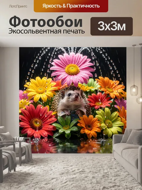 Фотообои Ежик среди ярких цветов