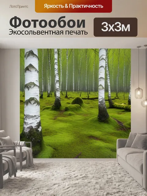 Фотообои лес берёз, покрытых мхом