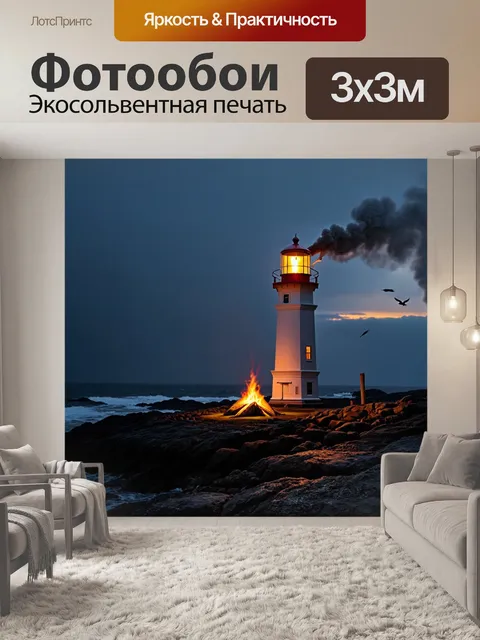 Фотообои Маяк на скалистом берегу в условиях вечернего или ночного света