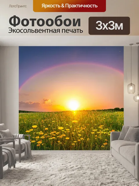 Фотообои закат над травяным полем