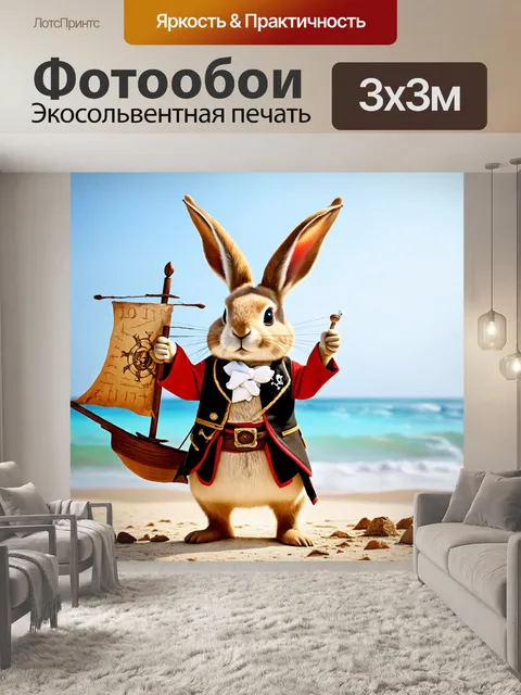 Фотообои кролик, одетый в костюм пирата, стоящий на берегу моря с картой сокровищ в лапах и с приподнятым парусом