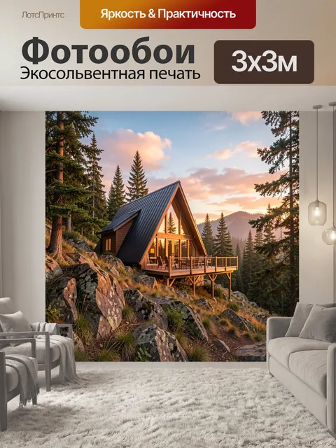 Фотообои Домик в лесных горах на закате