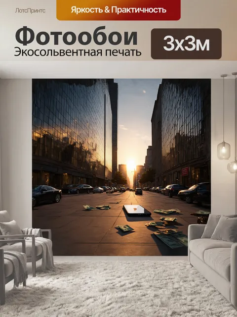 Фотообои в центре композиции — массивный офисный небоскреб, отражающий златые тона заката