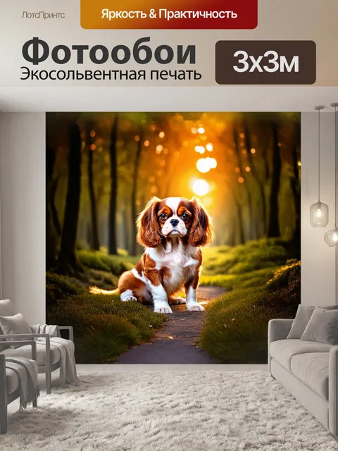 Фотообои кавалер кинг чарльз, элегантно позирующий на фоне спокойного лесного пейзажа, его блестящие глаза отражают…
