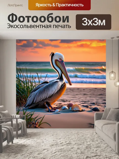 Фотообои пеликан, сидящий на насыпном берегу, среди морских трав и ракушек, в сумерках рыжий цвет неба