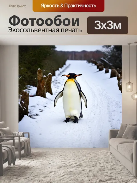 Фотообои королевский пингвин, прогуливающийся по снежной дорожке в зоопарке асахияма, хоккайдо, сфотографированный в…