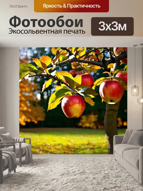 Фотообои плодовитое дерево с яблоками на фоне леса, осень и солнечный свет