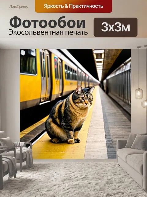 Фотообои кошка на платформе метро, ждущая поезда