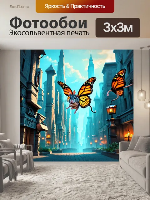 Фотообои сюрреалистичный подход: крыса с крыльями бабочки, парящая над волшебным городом