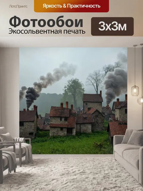 Фотообои туман в стиле иллюстрация старинной деревни, где дома исчезают в тумане, и виден лишь дымок из труб