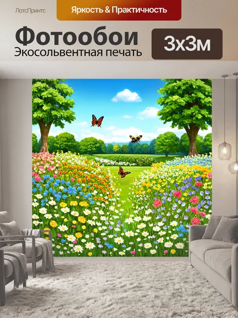Фотообои пейзаж в стиле плоский, цветущий сад с бабочками и пчелами