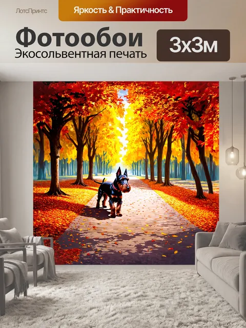 Фотообои шотландский терьер, любопытно разглядывающий яркие осенние листья, расползающиеся по тропинке парка