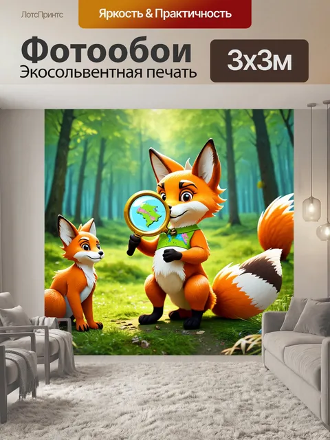 Фотообои симпатичная лиса-гид, показывающая старинные достопримечательности в лесу
