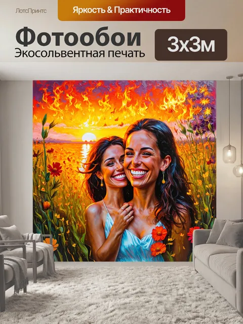 Фотообои улыбающиеся зубы на фоне огненных цветов и заката